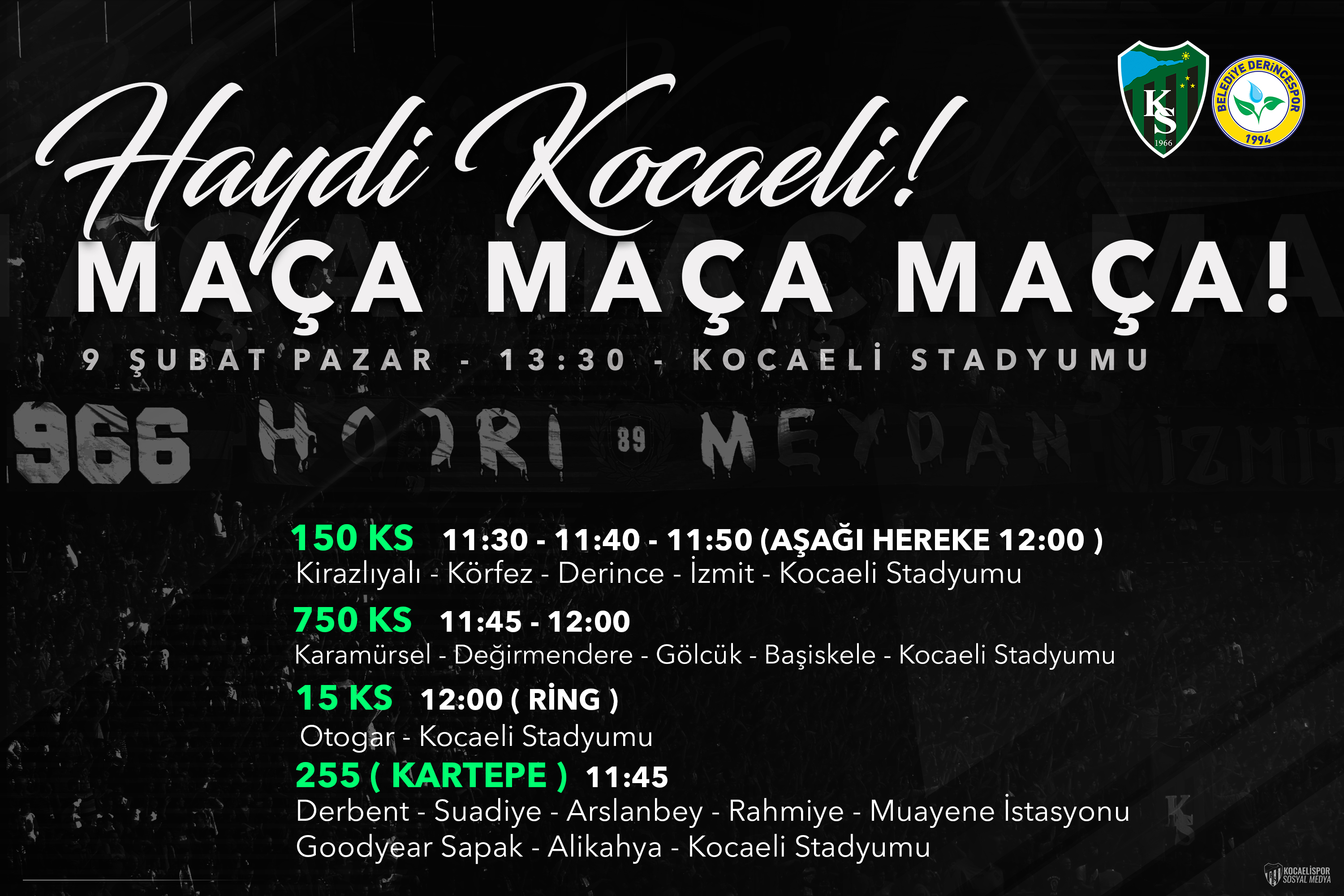 Belediye Derince Spor maçı yol güzergahları ve otobüs saatleri